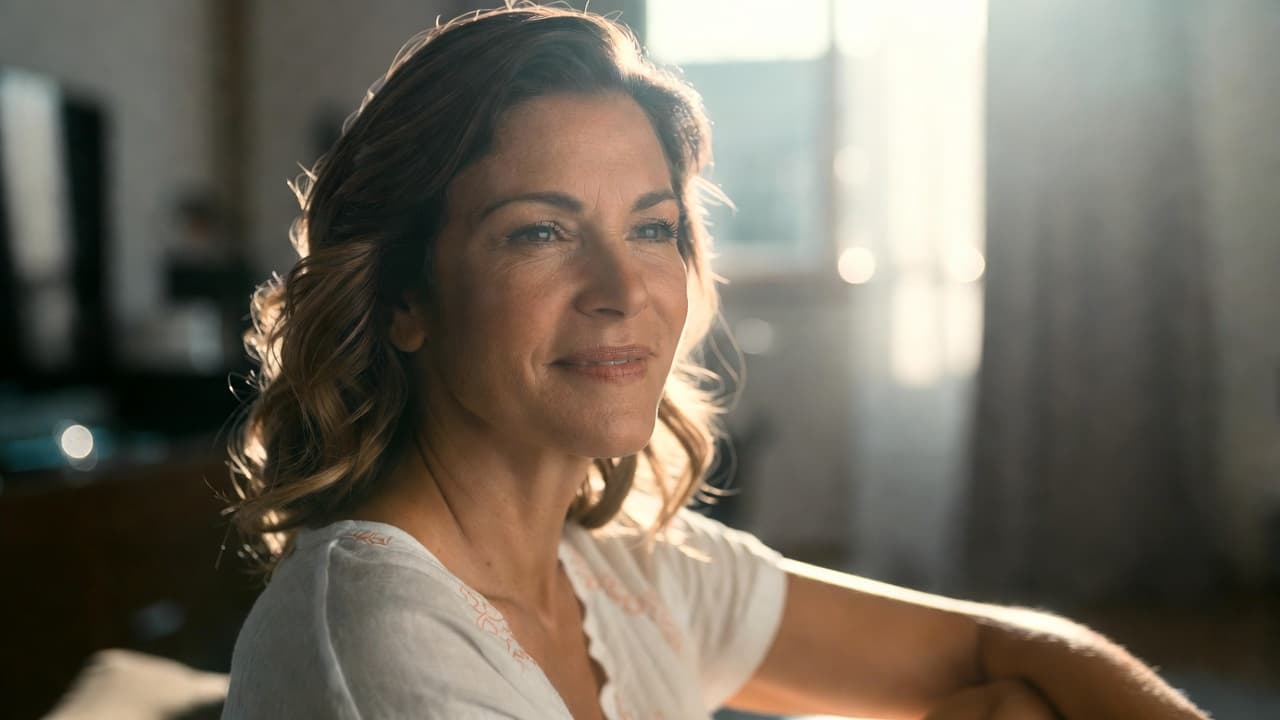 Portrait of a middle-aged woman with soft backlit window light and a serene expression.