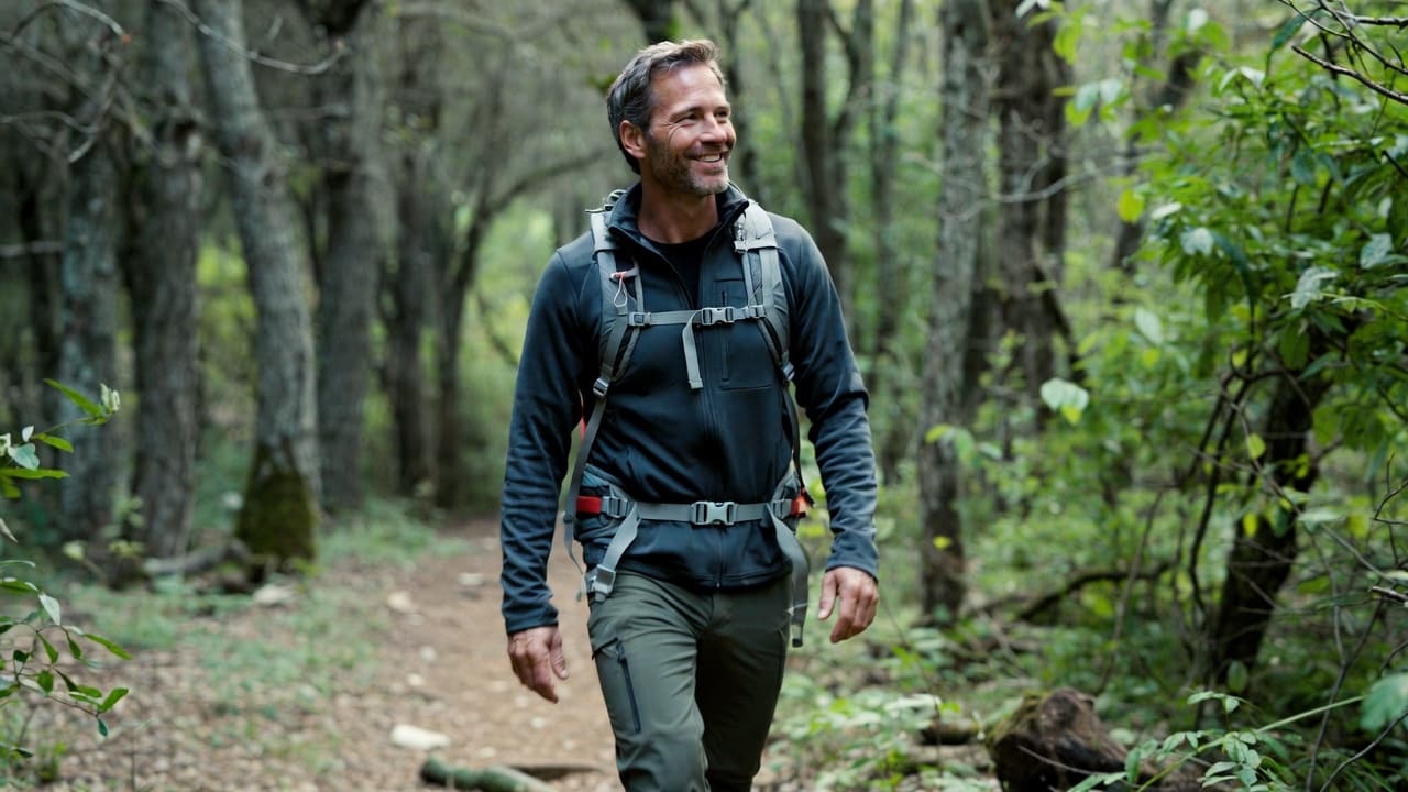 Middle-aged man hiking through a forested trail with a backpack, smiling.
