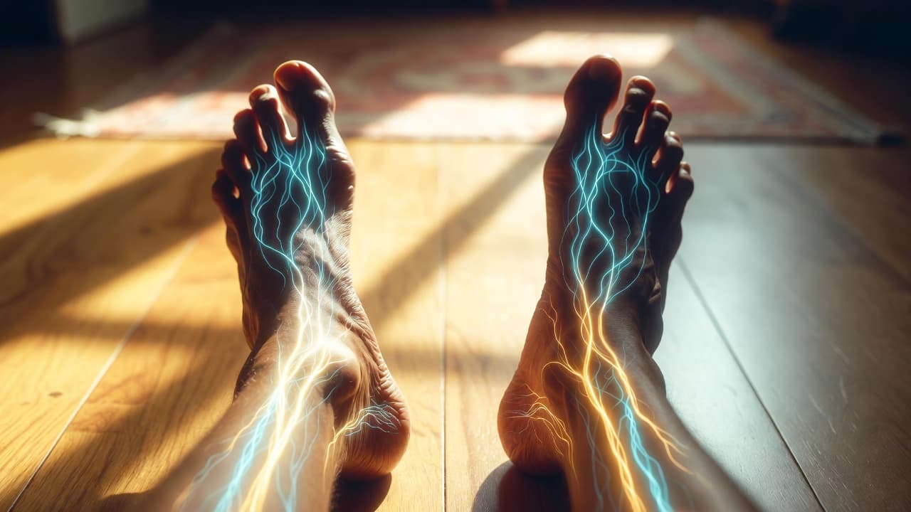 Two bare feet rest on a wooden floor with glowing blue and gold energy lines overlaid to suggest nerve pain.