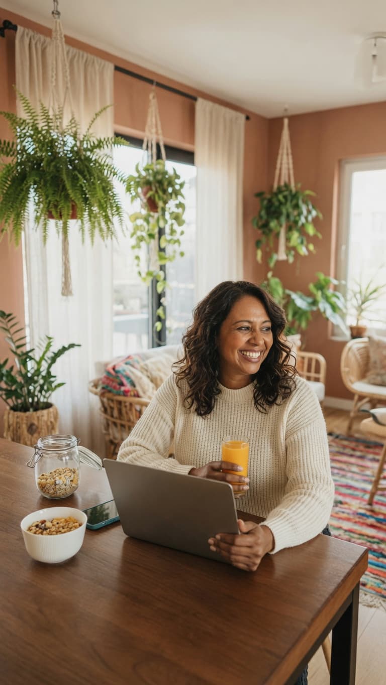 A smiling woman with curly hair sits at a desk in a colorful boho living room, holding juice and using a laptop.