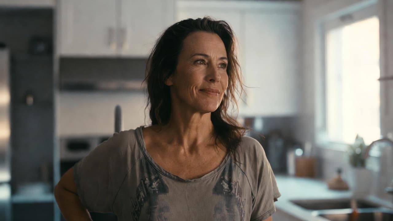 A fit middle-aged woman stands confidently in a modern kitchen looking toward a window.