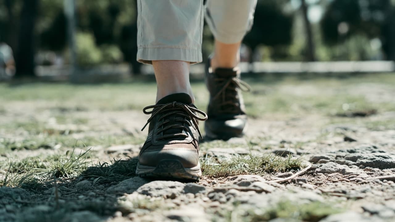 Close-up of lower legs and trail shoes walking on a rocky dirt path outdoors.