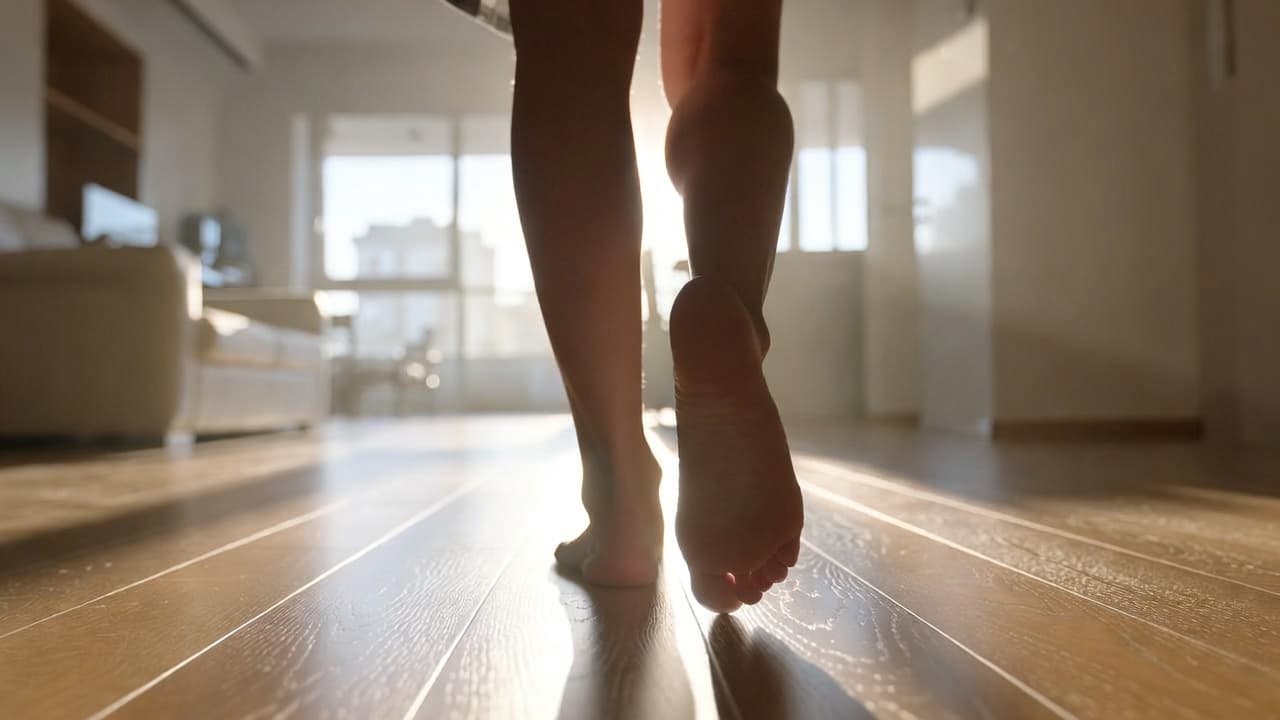 Backlit silhouette of bare feet and legs walking on a hardwood floor toward a window.