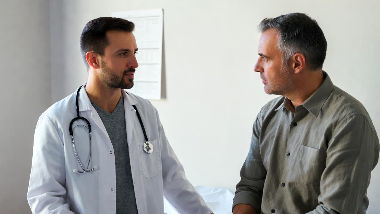 Doctor with stethoscope speaking with a male patient in a clinical exam room.