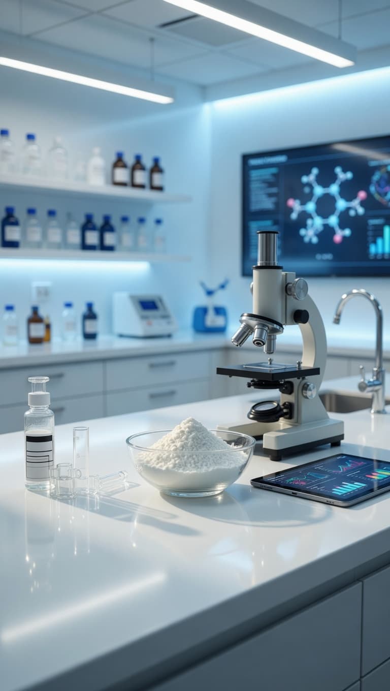 A futuristic AI-rendered laboratory bench with a microscope, white powder, glassware, and a digital display showing a molecule.