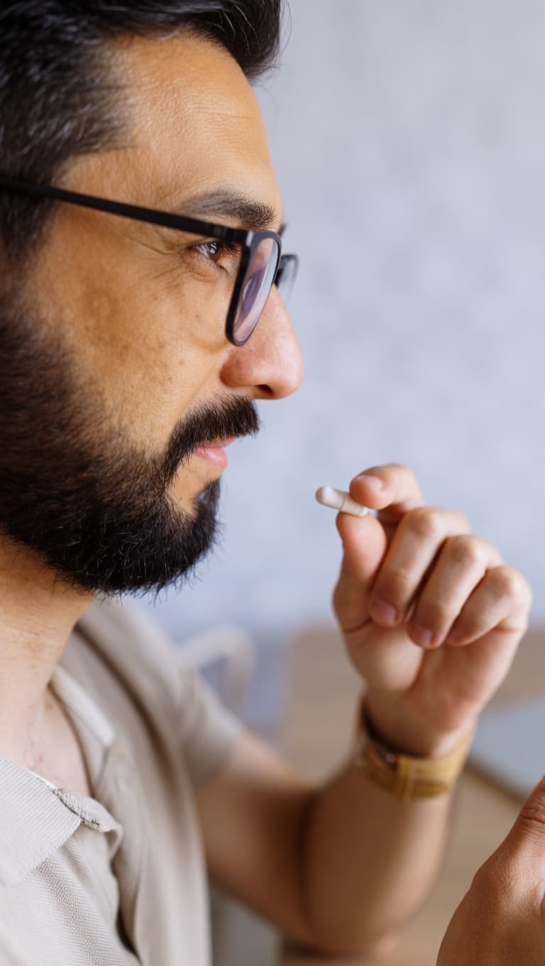 A man with glasses holds a small white capsule up toward his mouth, about to take it.