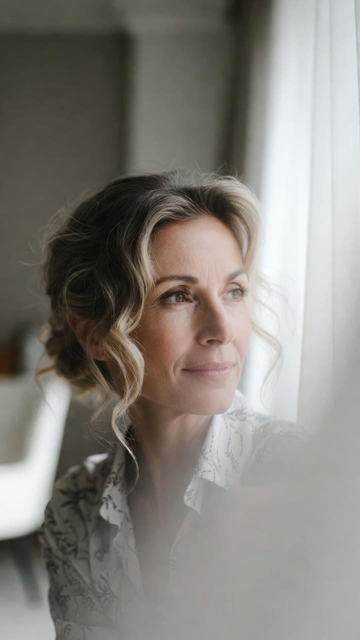 Portrait of a middle-aged woman gazing out a window with soft natural light.