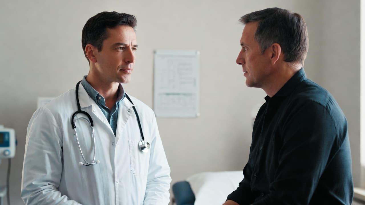 Doctor in white coat with stethoscope facing a middle-aged male patient in a clinic hallway.