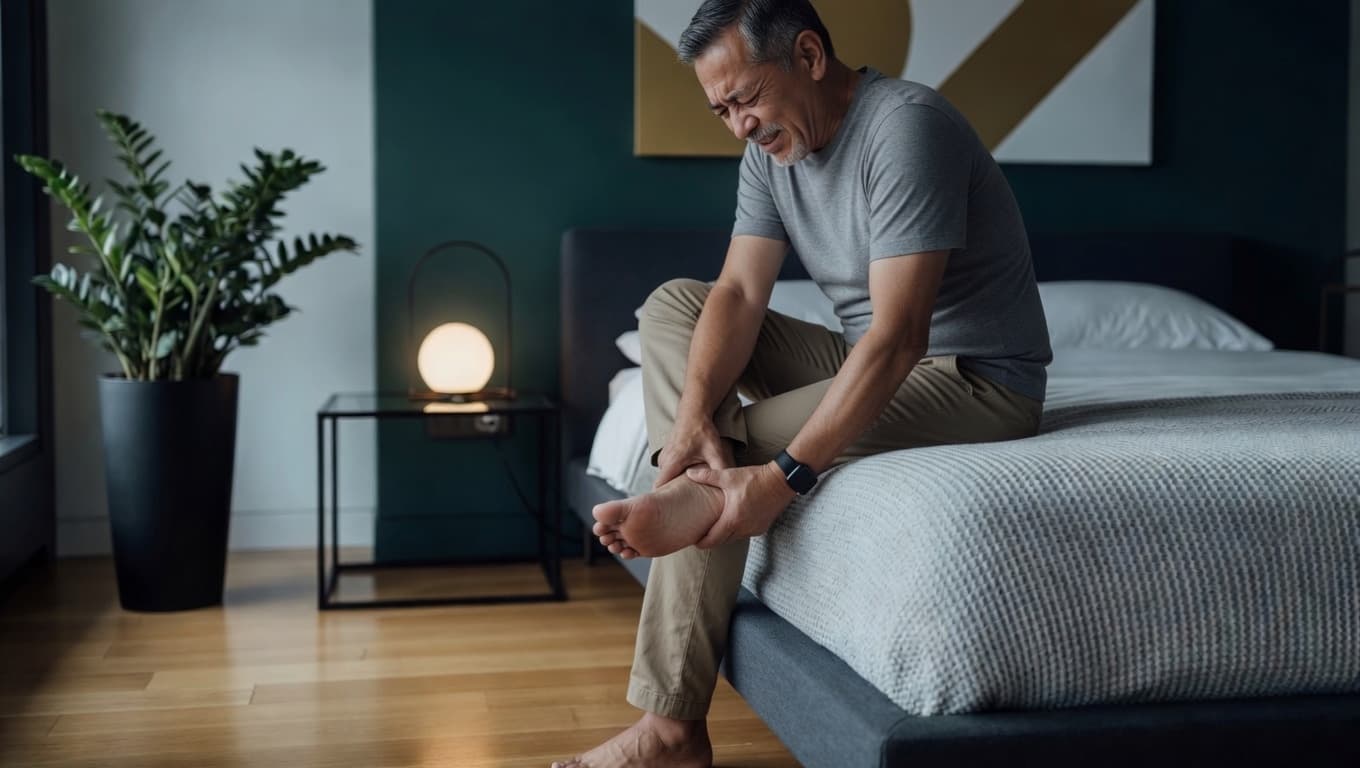 A middle-aged man sits on the edge of a bed in a modern bedroom, grimacing while holding his foot.